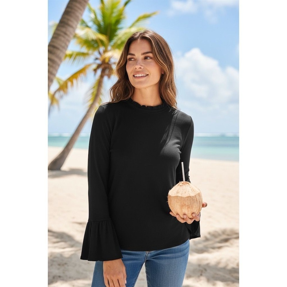 Volcom Women's Black Bell Sleeve Mock Neck Blouse‎ Size M coconut girl ruffles